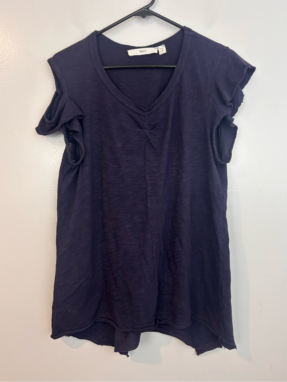 Wilt Blue/Purple Cotton Exposed Shoulder Raw Hem Asymmetrical Hem Top Medium